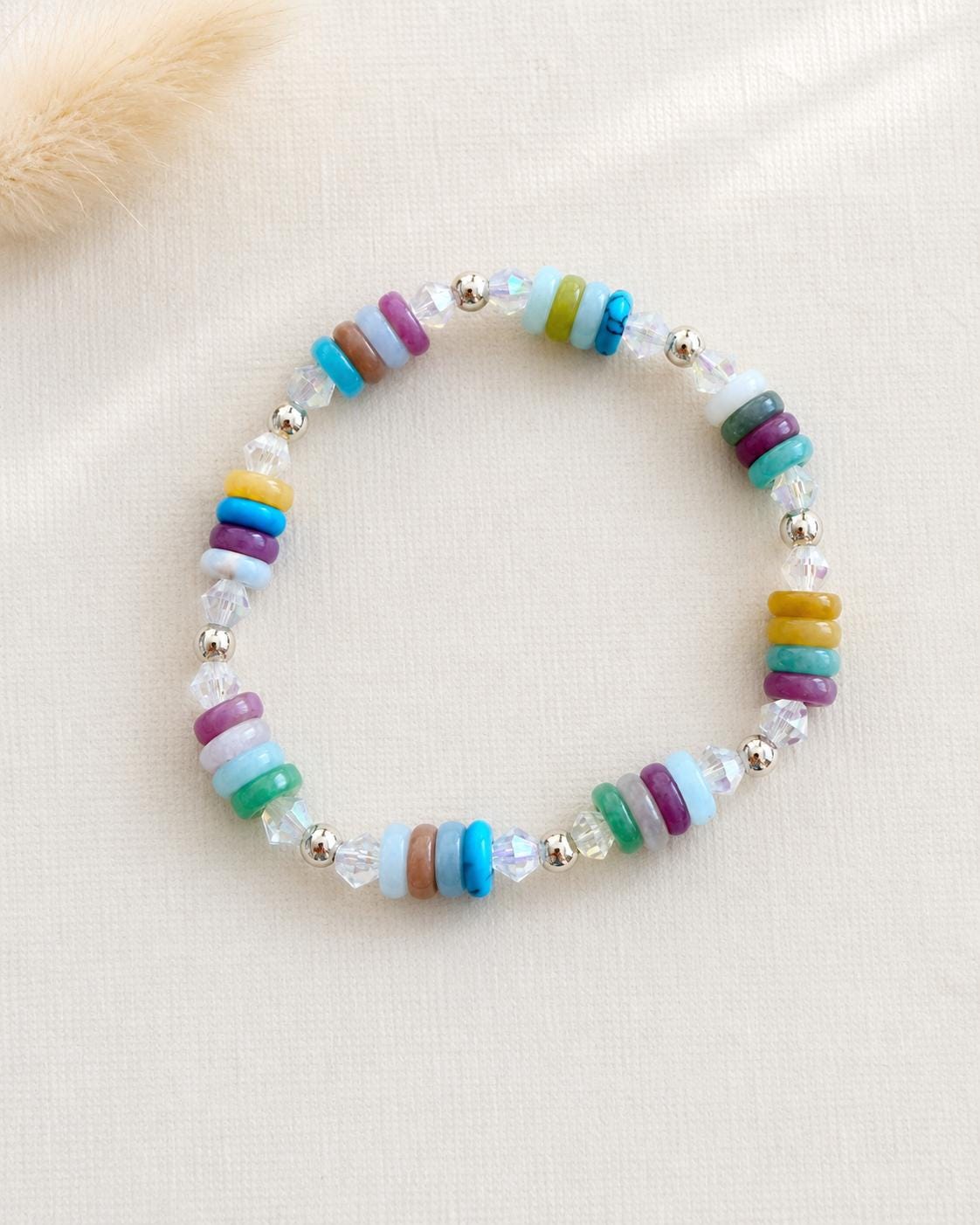 Natural Beaded Stretch Bracelet, White Marble or Mixed Jade Bracelet, 925 Silver Spacer Bracelet, Handmade Stackable Jewelry