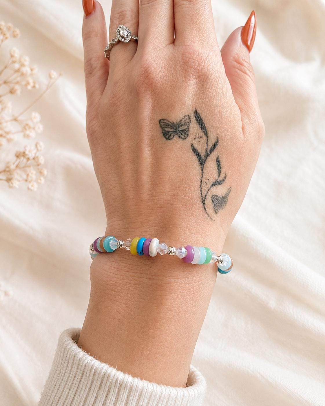 Natural Beaded Stretch Bracelet, White Marble or Mixed Jade Bracelet, 925 Silver Spacer Bracelet, Handmade Stackable Jewelry