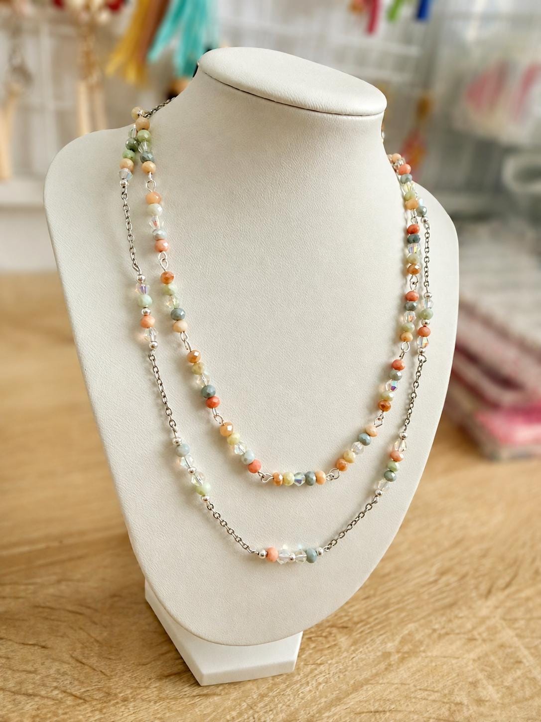 Pastel Crystal Glass Bead Necklace, 4mm Faceted Rondelle Beaded Necklace, 925 Sterling Silver Clasp, Dainty Earthy Jewelry Gift