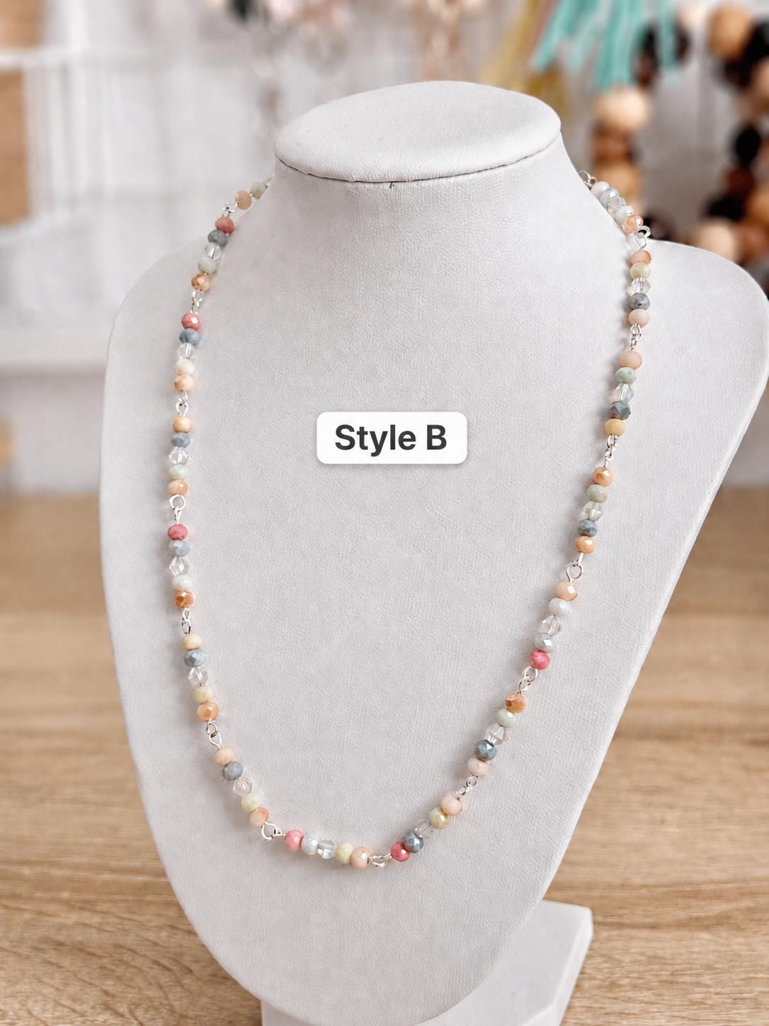 Pastel Crystal Glass Bead Necklace, 4mm Faceted Rondelle Beaded Necklace, 925 Sterling Silver Clasp, Dainty Earthy Jewelry Gift