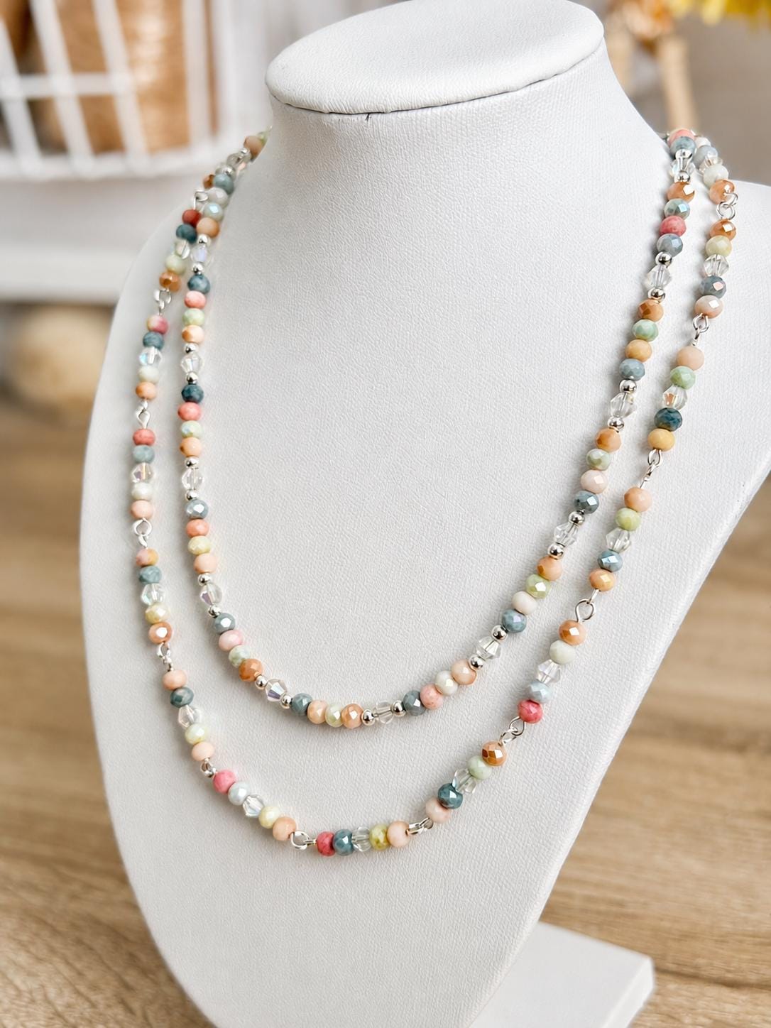 Pastel Crystal Glass Bead Necklace, 4mm Faceted Rondelle Beaded Necklace, 925 Sterling Silver Clasp, Dainty Earthy Jewelry Gift