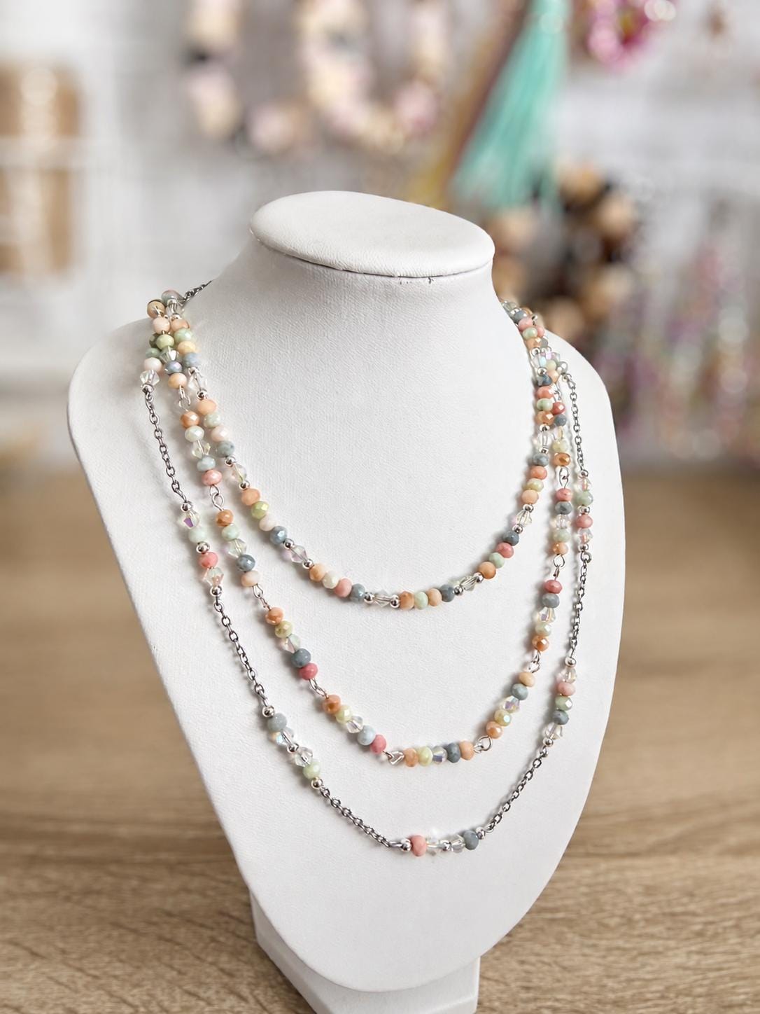Pastel Crystal Glass Bead Necklace, 4mm Faceted Rondelle Beaded Necklace, 925 Sterling Silver Clasp, Dainty Earthy Jewelry Gift