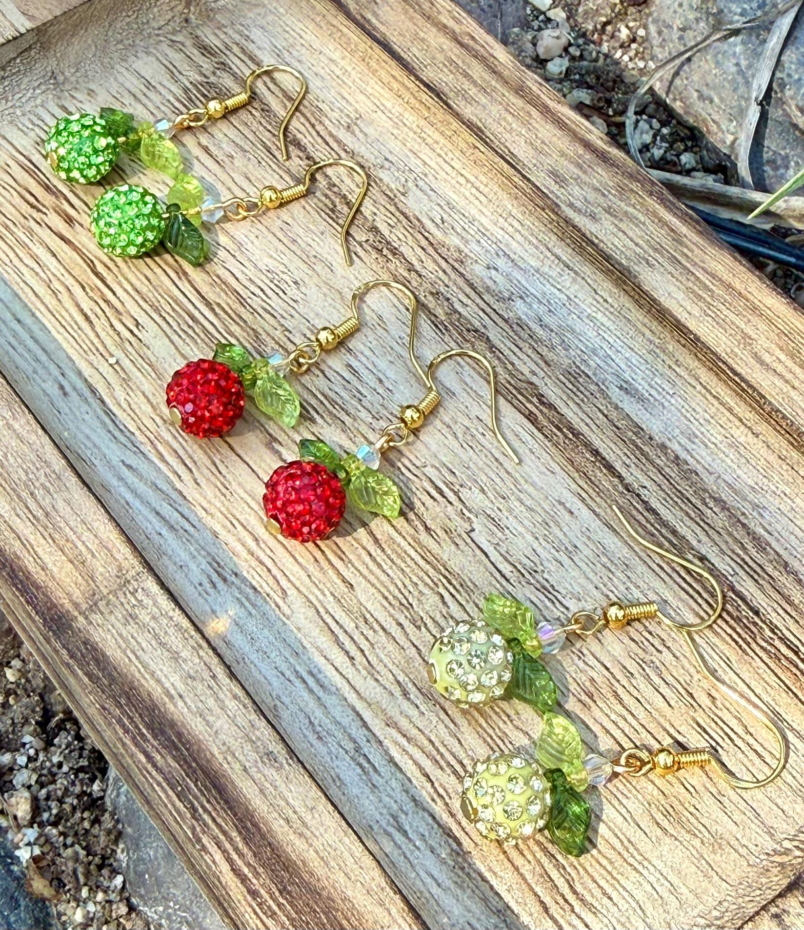 Apple Rhinestone Earrings, Fruit Dangle Earrings, Orchard Jewelry Gift, Fall Teacher Earrings, Handmade Apple Earrings