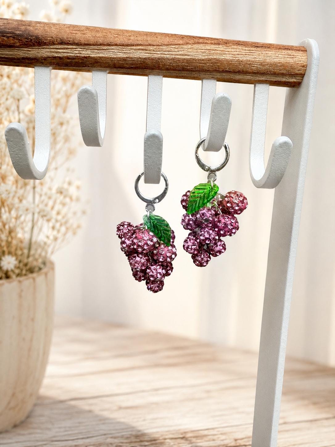 Grape Cluster Rhinestone Earrings, Colorful Fruit Dangles, Gold or Silver Finish
