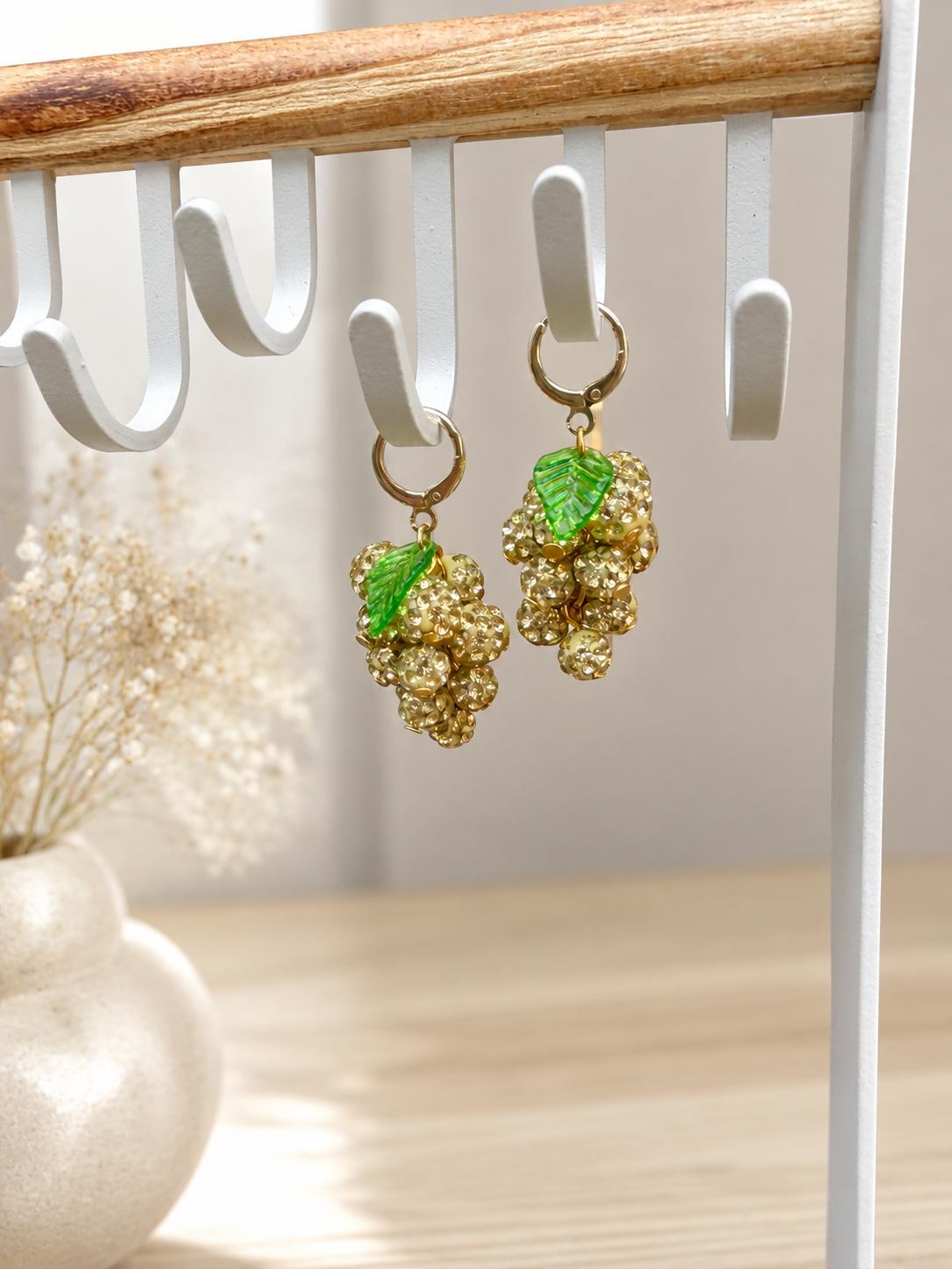 Grape Cluster Rhinestone Earrings, Colorful Fruit Dangles, Gold or Silver Finish