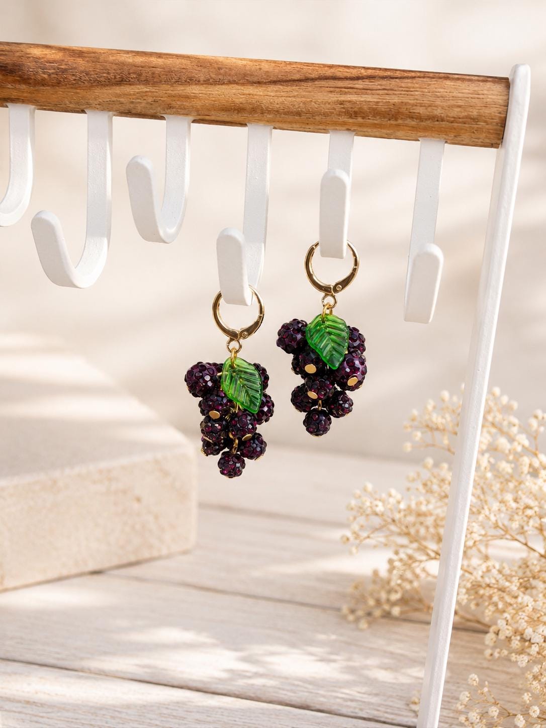 Grape Cluster Rhinestone Earrings, Colorful Fruit Dangles, Gold or Silver Finish