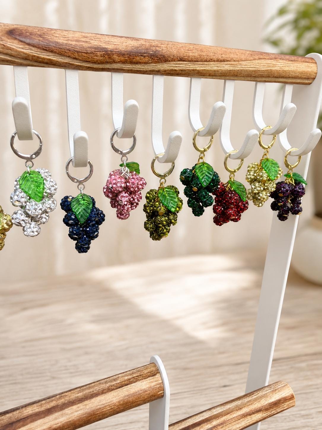 Grape Cluster Rhinestone Earrings, Colorful Fruit Dangles, Gold or Silver Finish