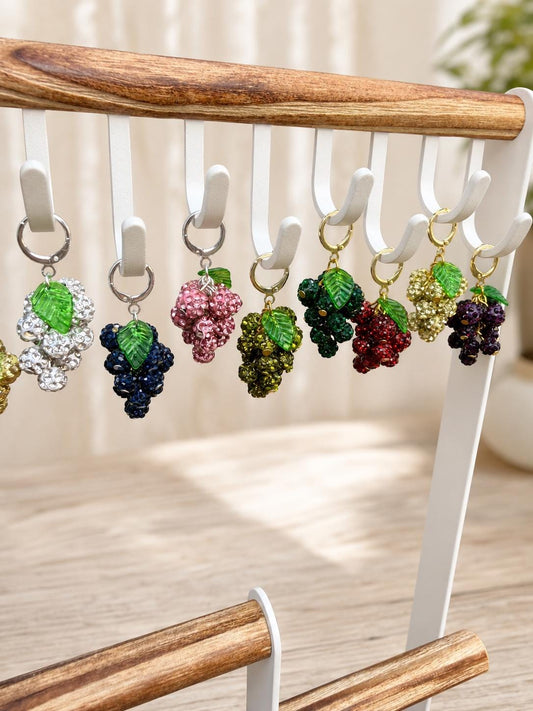 Grape Cluster Rhinestone Earrings, Colorful Fruit Dangles, Gold or Silver Finish