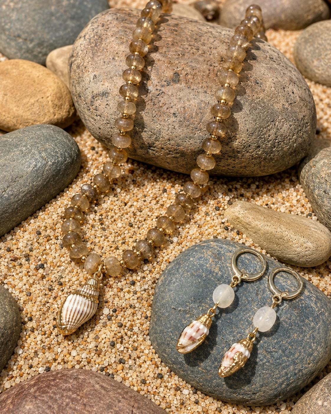 Natural Stone Beaded Necklace with Genuine Shell Charm, Brown Sand Tones, 14K Gold Accents