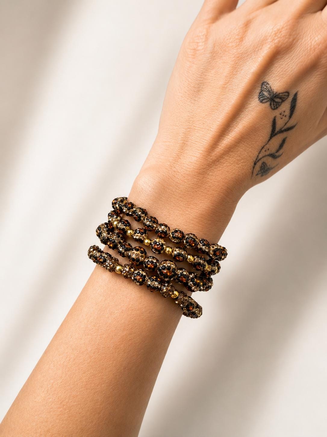 Rhinestone Leopard Print Bracelet, Dainty Clay Bead Stretch Bracelet, Brown Gold Stackable Jewelry