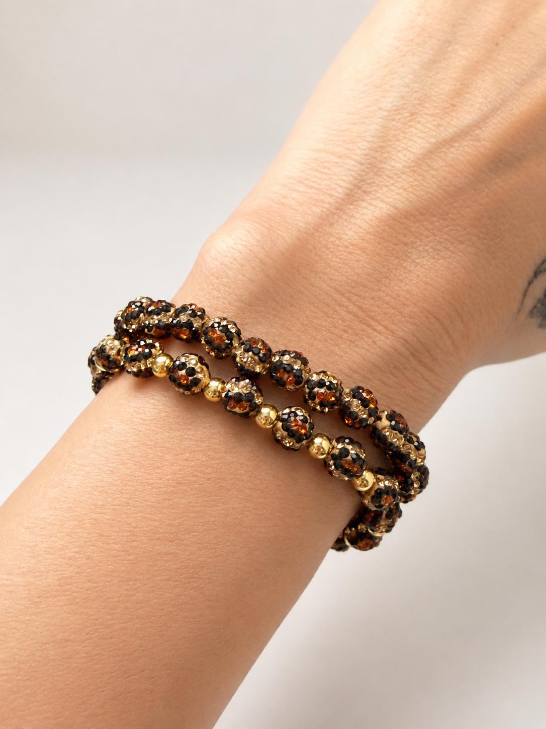 Rhinestone Leopard Print Bracelet, Dainty Clay Bead Stretch Bracelet, Brown Gold Stackable Jewelry