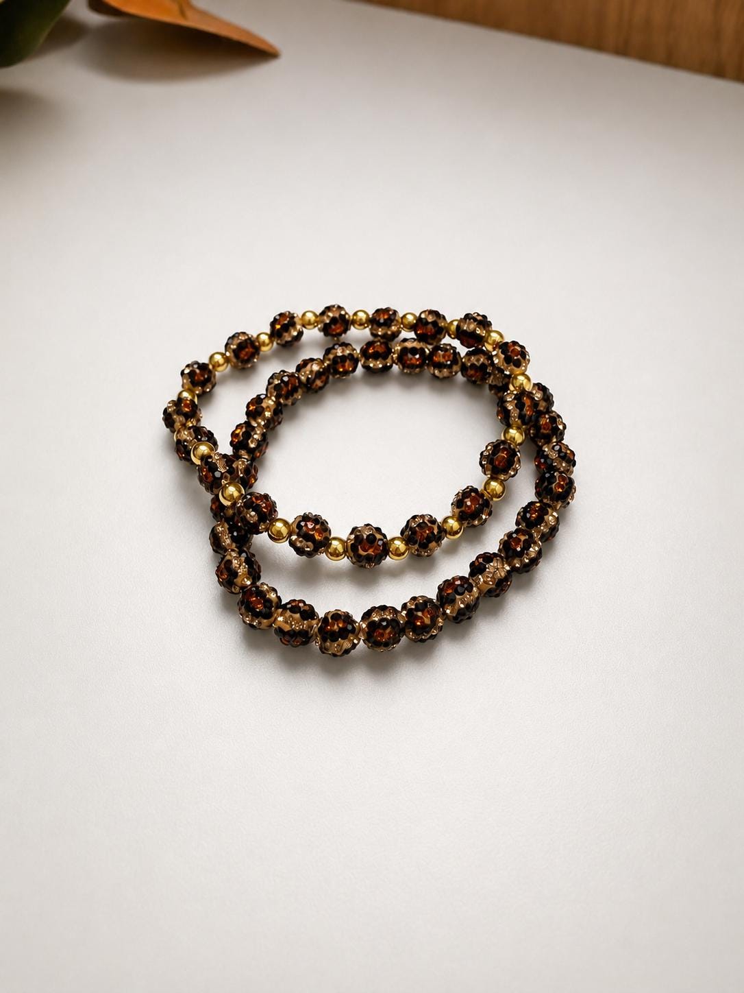 Rhinestone Leopard Print Bracelet, Dainty Clay Bead Stretch Bracelet, Brown Gold Stackable Jewelry