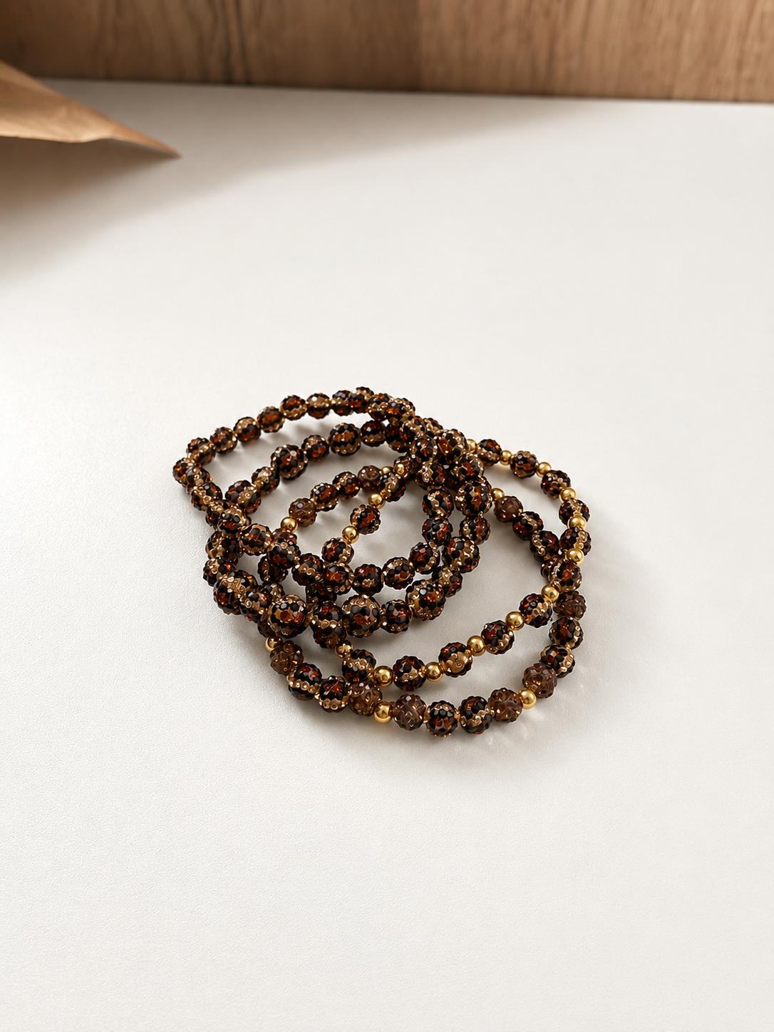 Rhinestone Leopard Print Bracelet, Dainty Clay Bead Stretch Bracelet, Brown Gold Stackable Jewelry