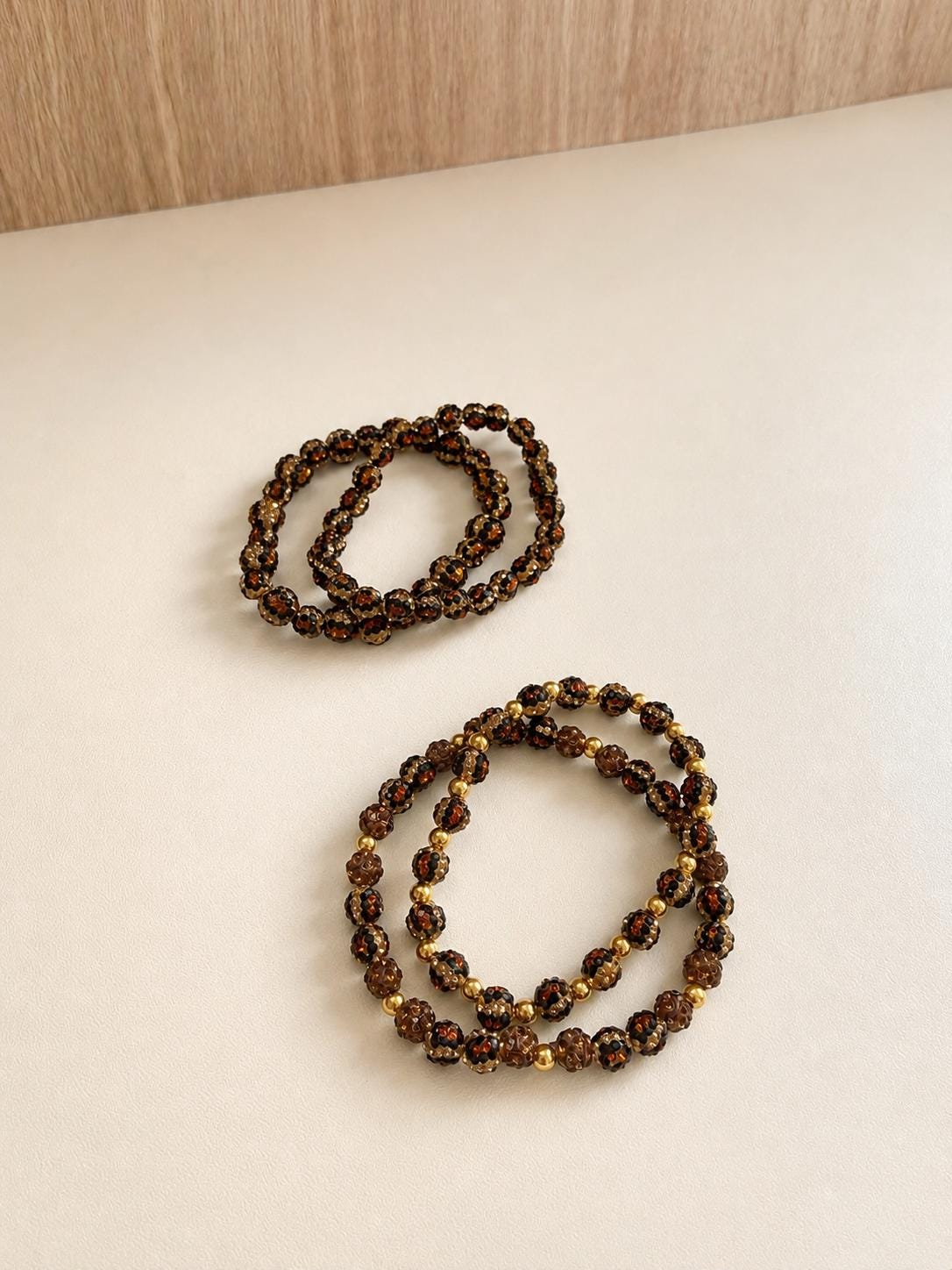 Rhinestone Leopard Print Bracelet, Dainty Clay Bead Stretch Bracelet, Brown Gold Stackable Jewelry