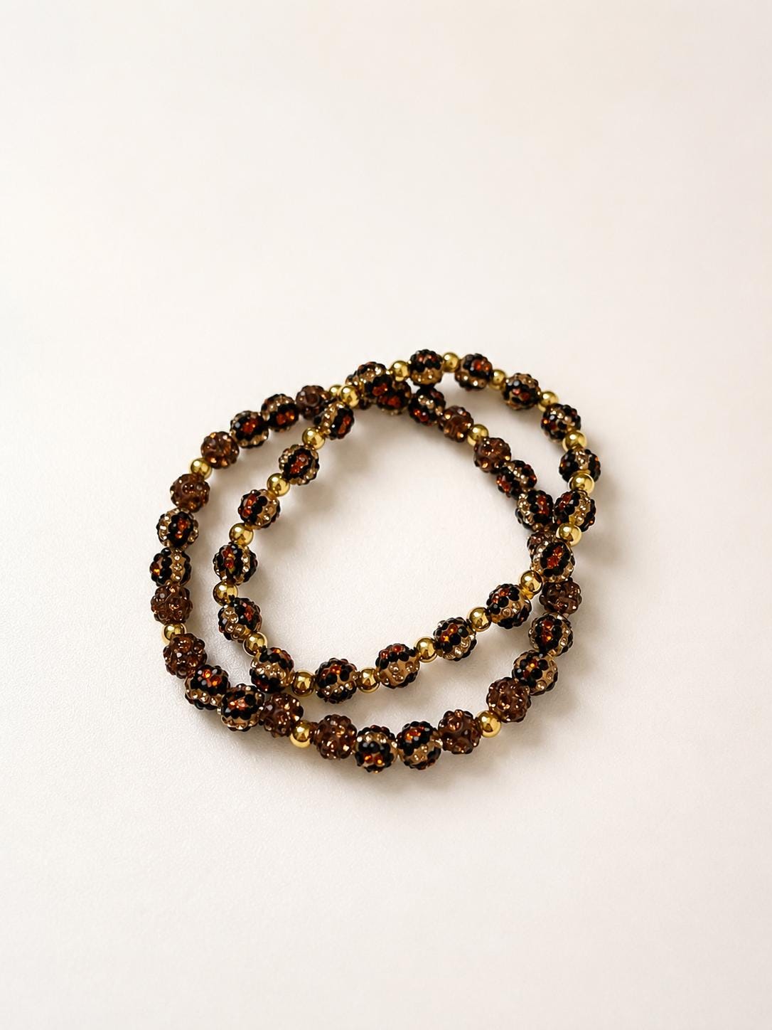 Rhinestone Leopard Print Bracelet, Dainty Clay Bead Stretch Bracelet, Brown Gold Stackable Jewelry