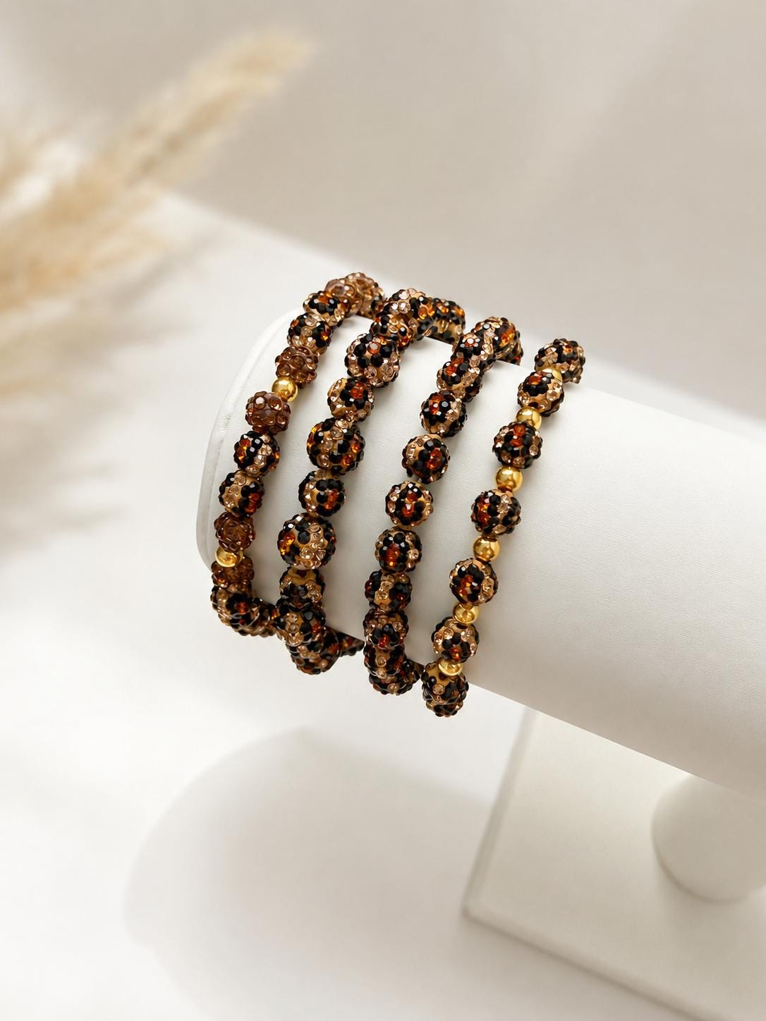 Rhinestone Leopard Print Bracelet, Dainty Clay Bead Stretch Bracelet, Brown Gold Stackable Jewelry
