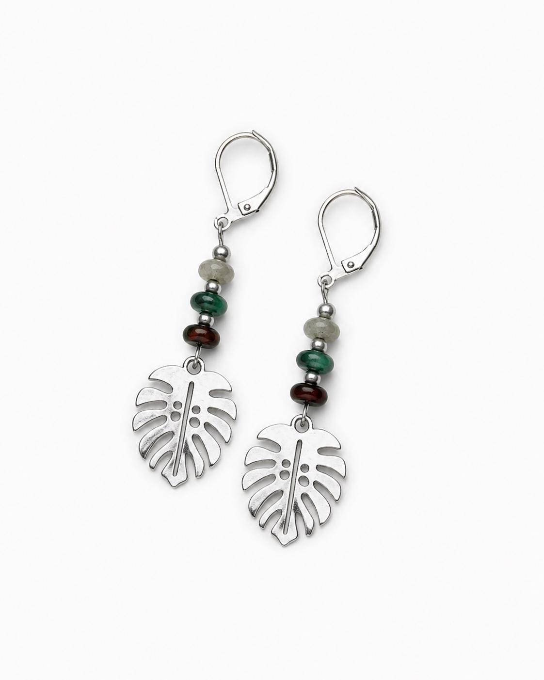 Silver Monstera Leaf Earrings, Green Glass or Indian Agate Beaded Dangles, Botanical Jewelry