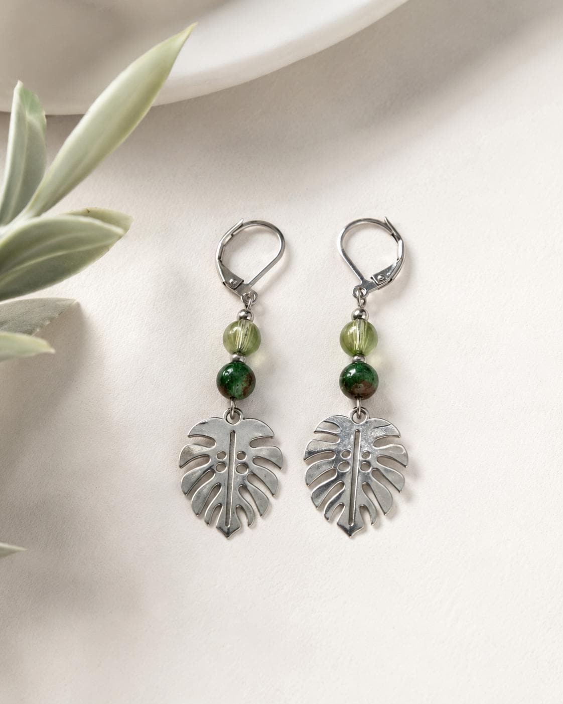 Silver Monstera Leaf Earrings, Green Glass or Indian Agate Beaded Dangles, Botanical Jewelry