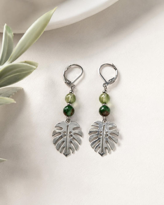 Silver Monstera Leaf Earrings, Green Glass or Indian Agate Beaded Dangles, Botanical Jewelry
