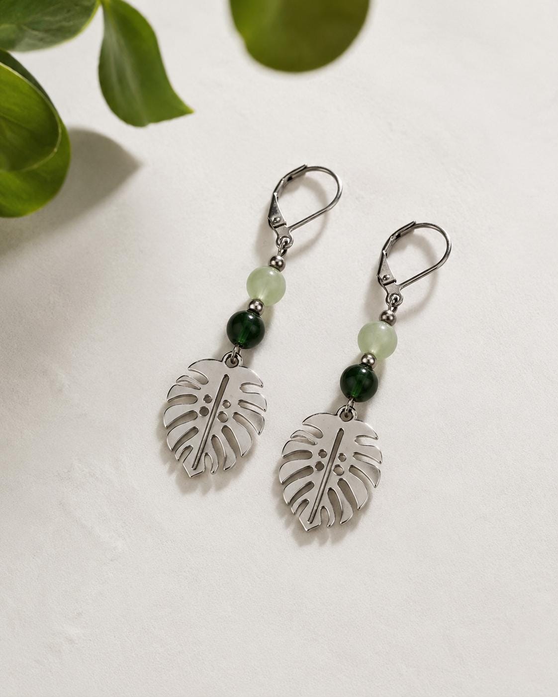 Silver Monstera Leaf Earrings, Green Glass or Indian Agate Beaded Dangles, Botanical Jewelry