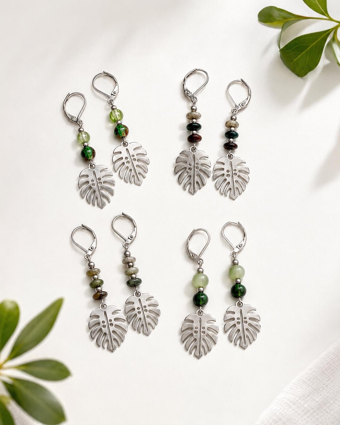 Silver Monstera Leaf Earrings, Green Glass or Indian Agate Beaded Dangles, Botanical Jewelry