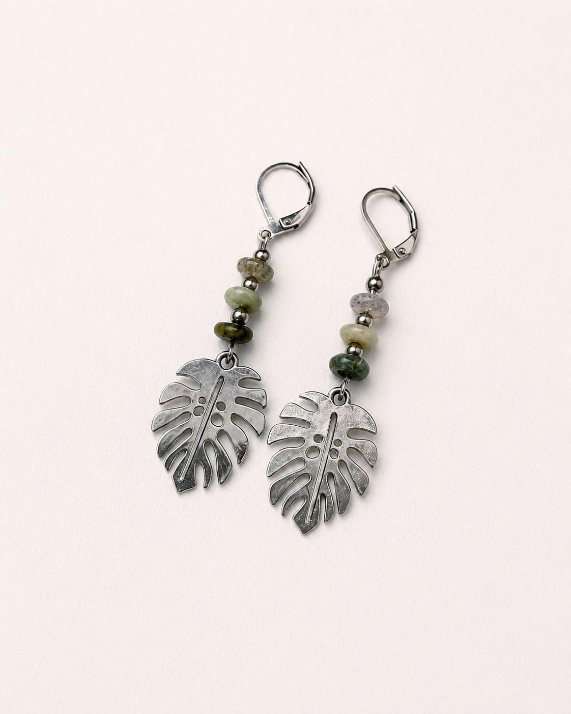 Silver Monstera Leaf Earrings, Green Glass or Indian Agate Beaded Dangles, Botanical Jewelry