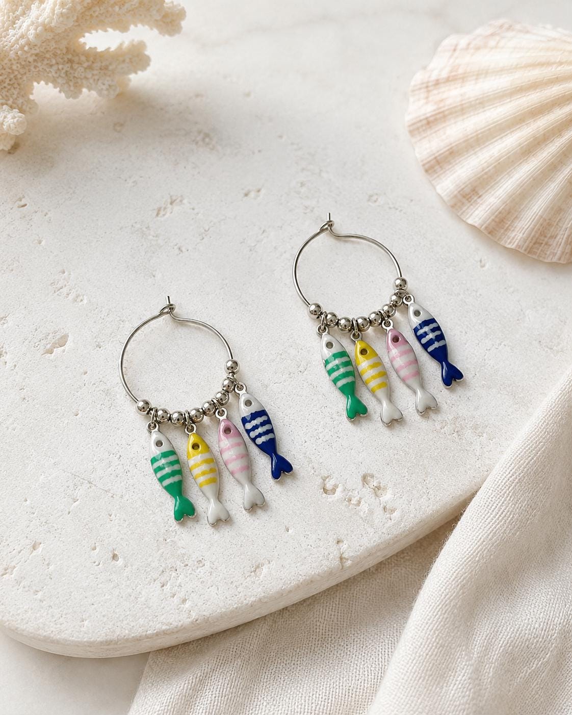 Silver Fish Hoop Earrings, Colorful Dainty Charms, Mediterranean Boho Jewelry, Lightweight Coastal Earrings