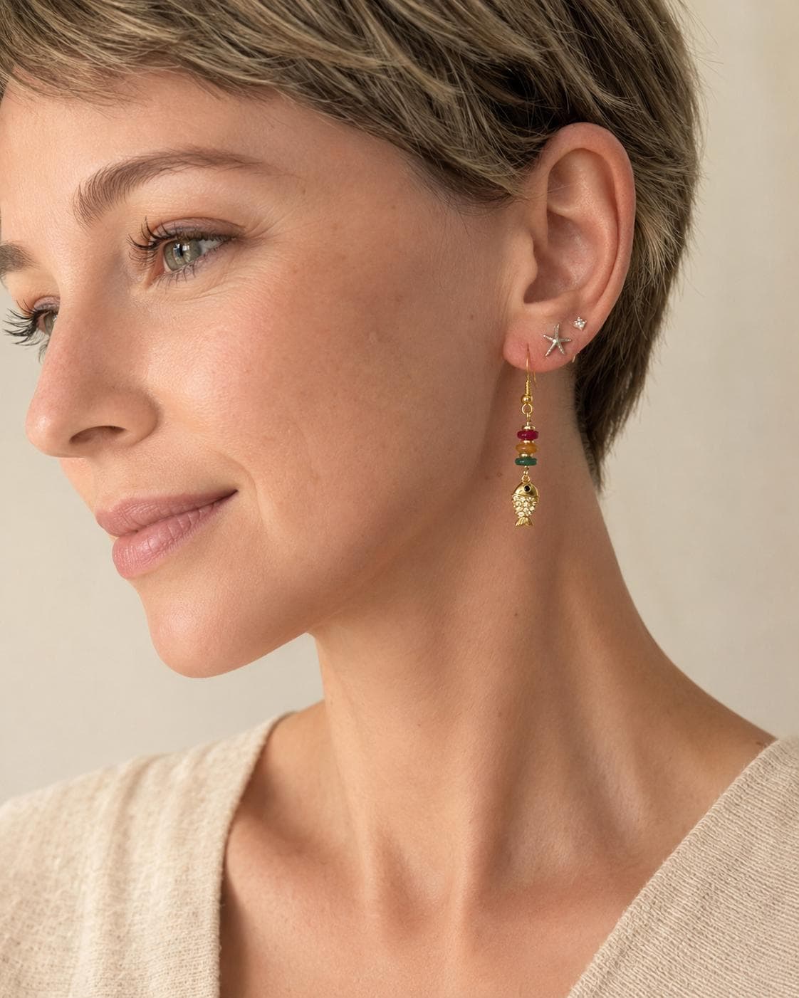 18K Gold CZ Fish Earrings, Natural Stone Dangles, Coastal Mediterranean Jewelry