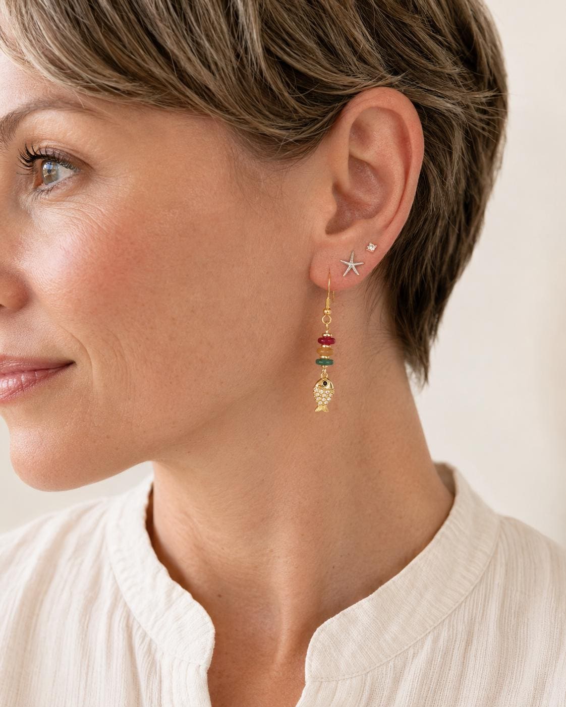 18K Gold CZ Fish Earrings, Natural Stone Dangles, Coastal Mediterranean Jewelry
