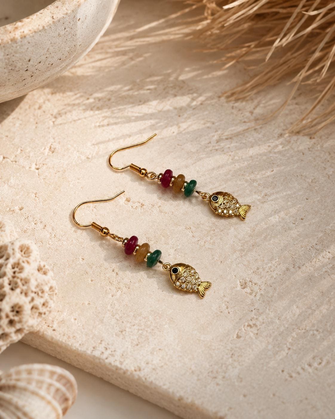 18K Gold CZ Fish Earrings, Natural Stone Dangles, Coastal Mediterranean Jewelry