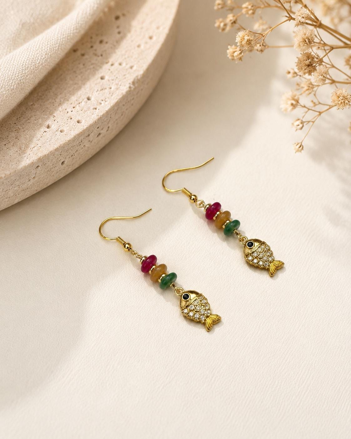 18K Gold CZ Fish Earrings, Natural Stone Dangles, Coastal Mediterranean Jewelry