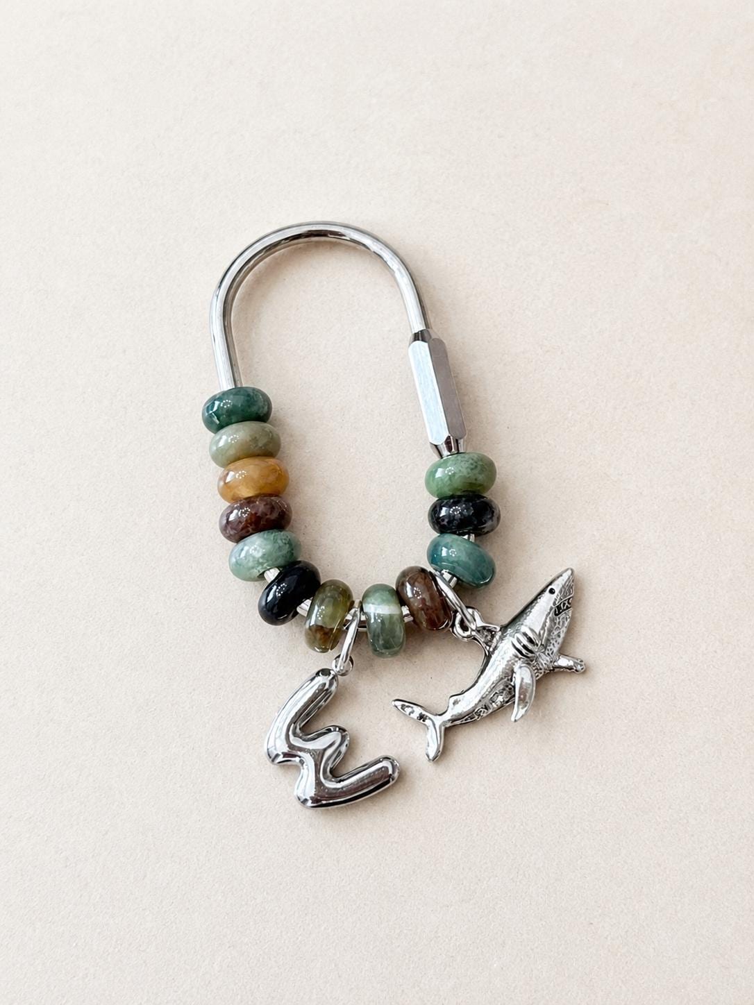 Personalized Natural Stone Bag Charm, Silver Initial Keychain, Custom Beaded Purse Charm, Handmade Gift for Her