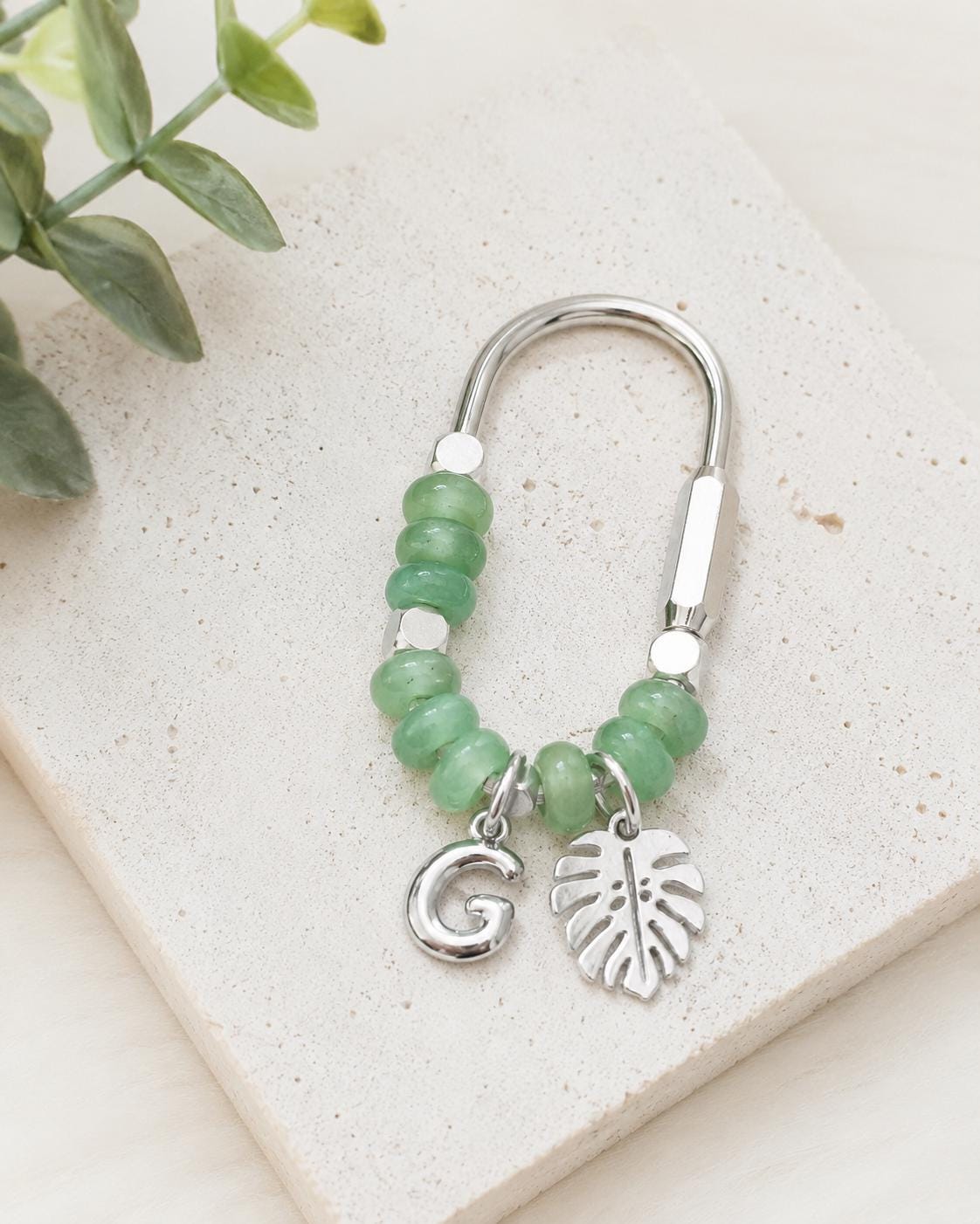 Personalized Natural Stone Bag Charm, Silver Initial Keychain, Custom Beaded Purse Charm, Handmade Gift for Her