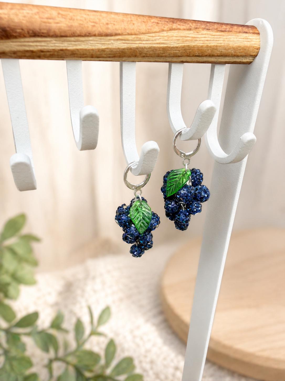 Grape Cluster Rhinestone Earrings, Colorful Fruit Dangles, Gold or Silver Finish