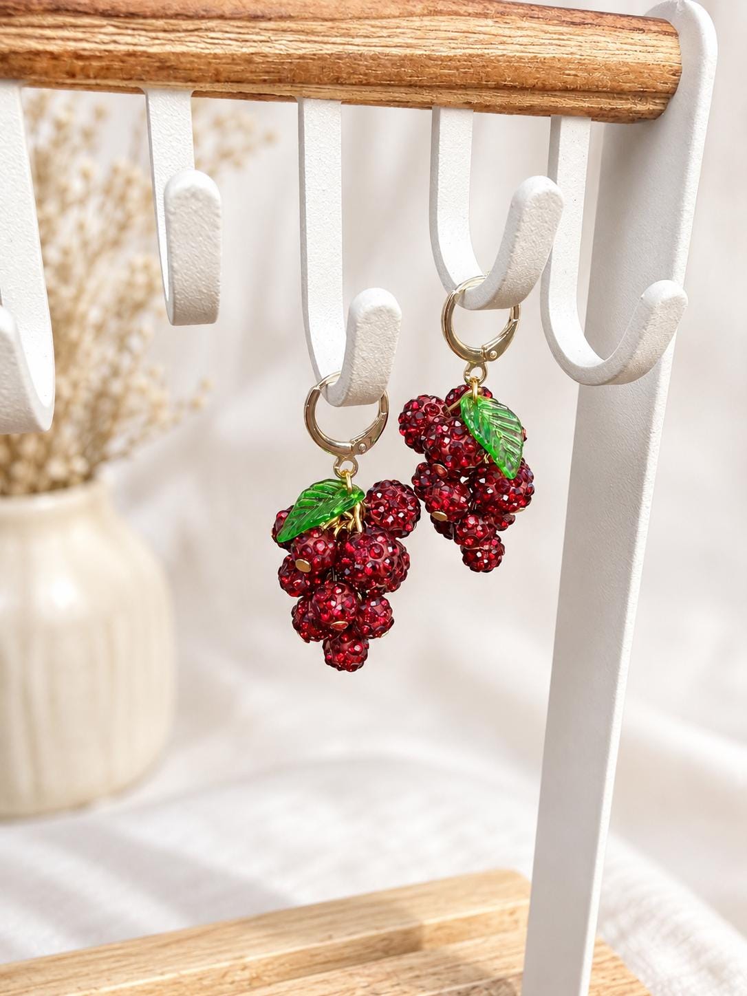 Grape Cluster Rhinestone Earrings, Colorful Fruit Dangles, Gold or Silver Finish