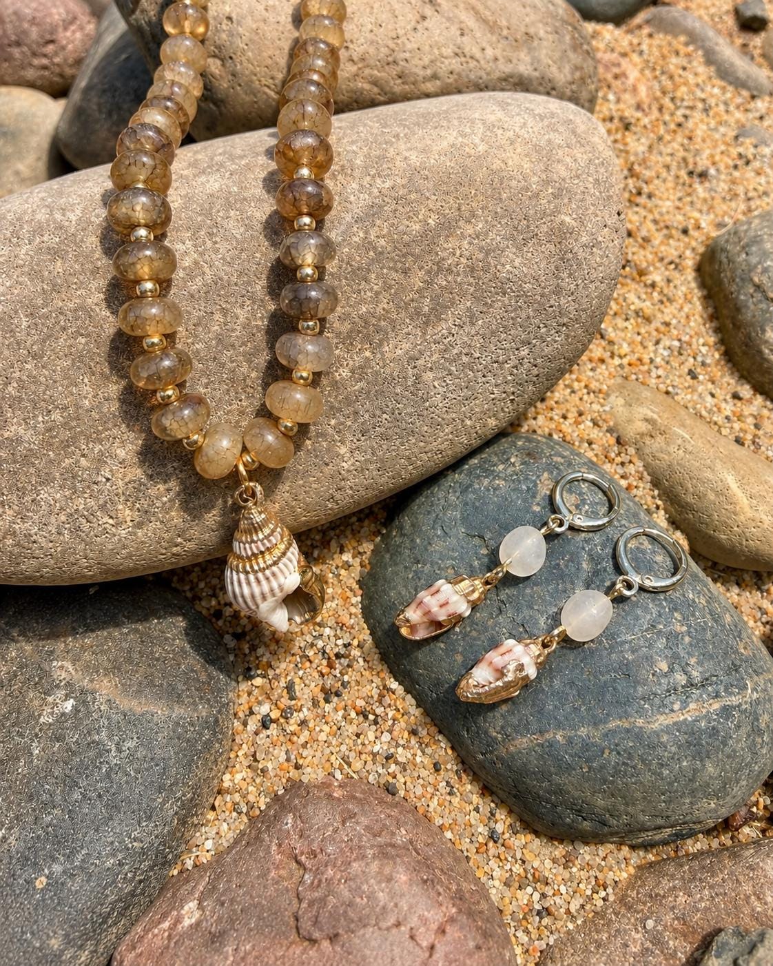 Natural Stone Beaded Necklace with Genuine Shell Charm, Brown Sand Tones, 14K Gold Accents