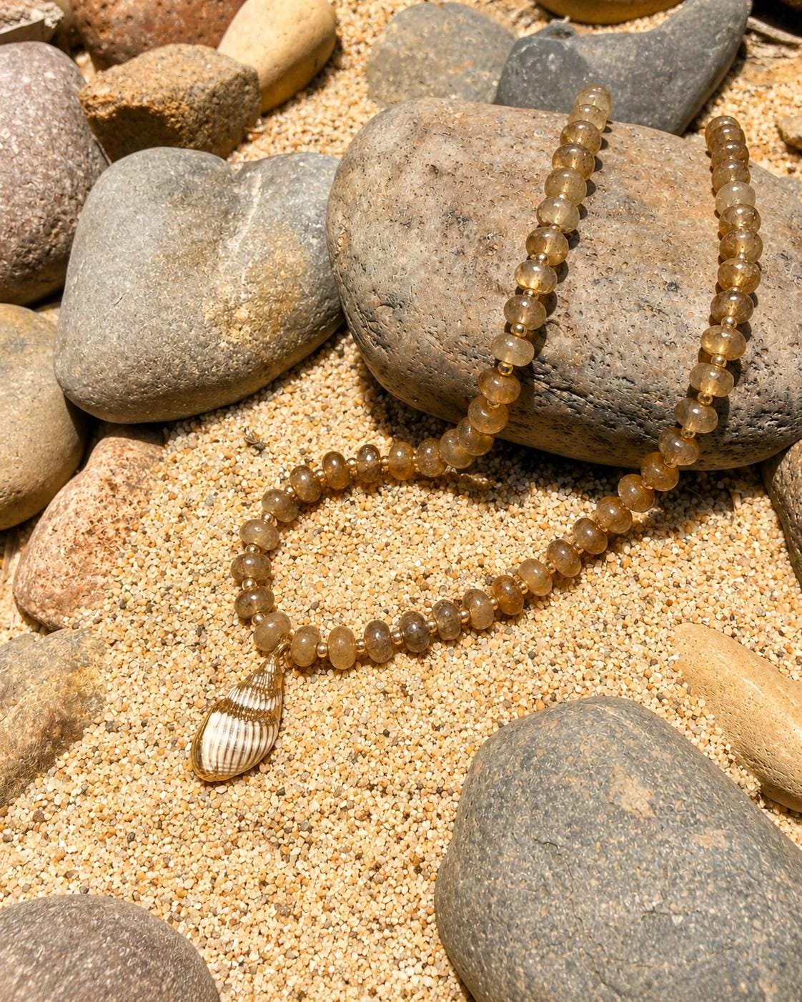 Natural Stone Beaded Necklace with Genuine Shell Charm, Brown Sand Tones, 14K Gold Accents