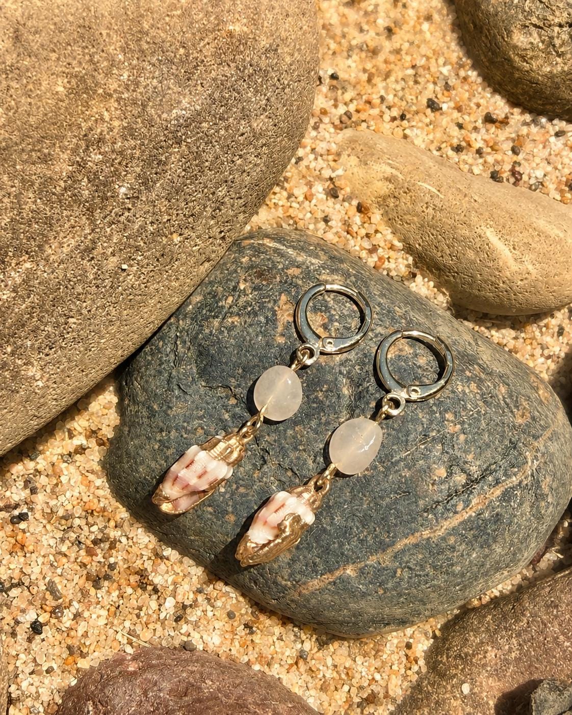 Morganite Shell Earrings with 14K Gold Hoops, Coastal Beach Jewelry