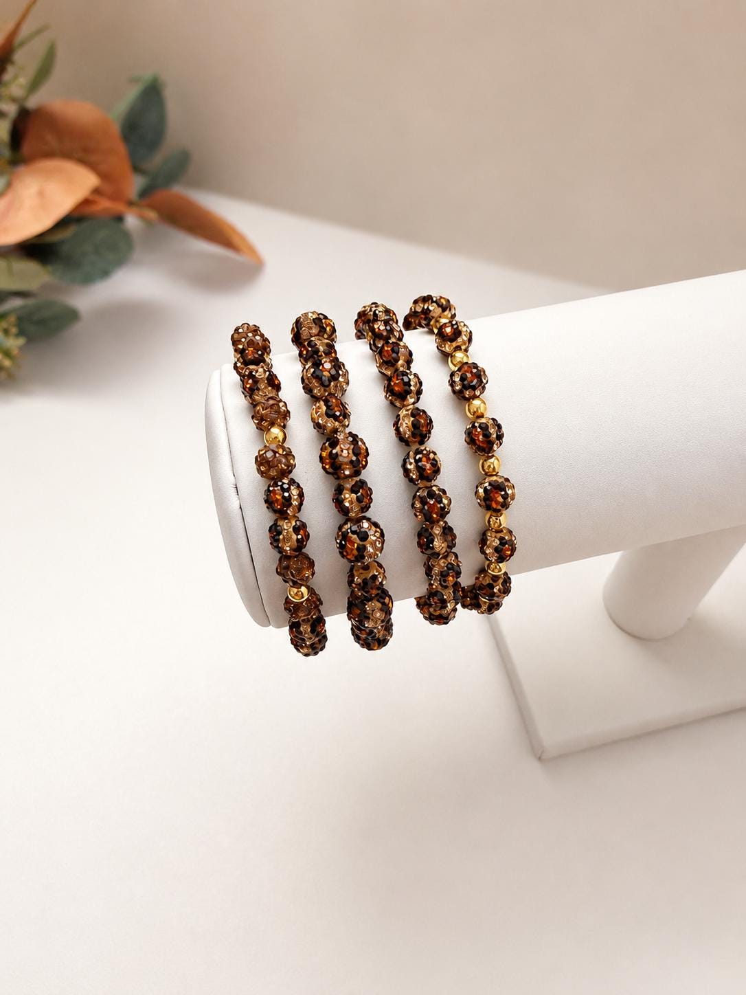 Rhinestone Leopard Print Bracelet, Dainty Clay Bead Stretch Bracelet, Brown Gold Stackable Jewelry