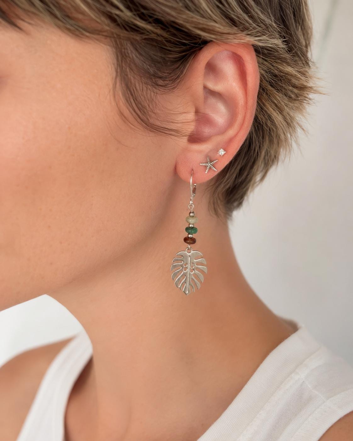 Silver Monstera Leaf Earrings, Green Glass or Indian Agate Beaded Dangles, Botanical Jewelry