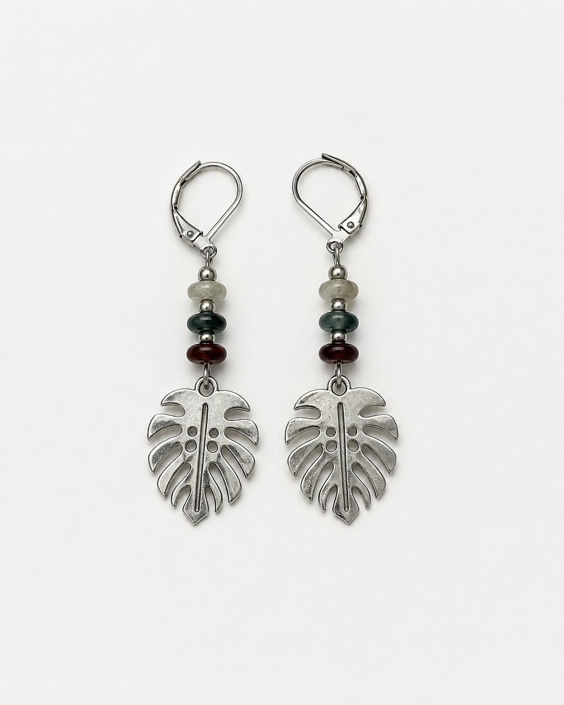 Silver Monstera Leaf Earrings, Green Glass or Indian Agate Beaded Dangles, Botanical Jewelry