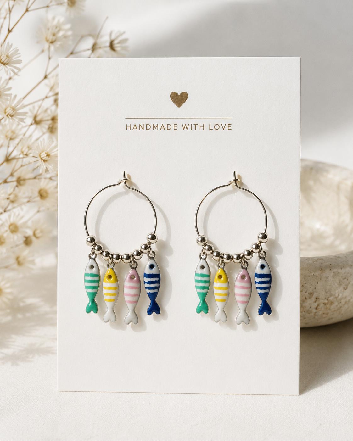 Silver Fish Hoop Earrings, Colorful Dainty Charms, Mediterranean Boho Jewelry, Lightweight Coastal Earrings