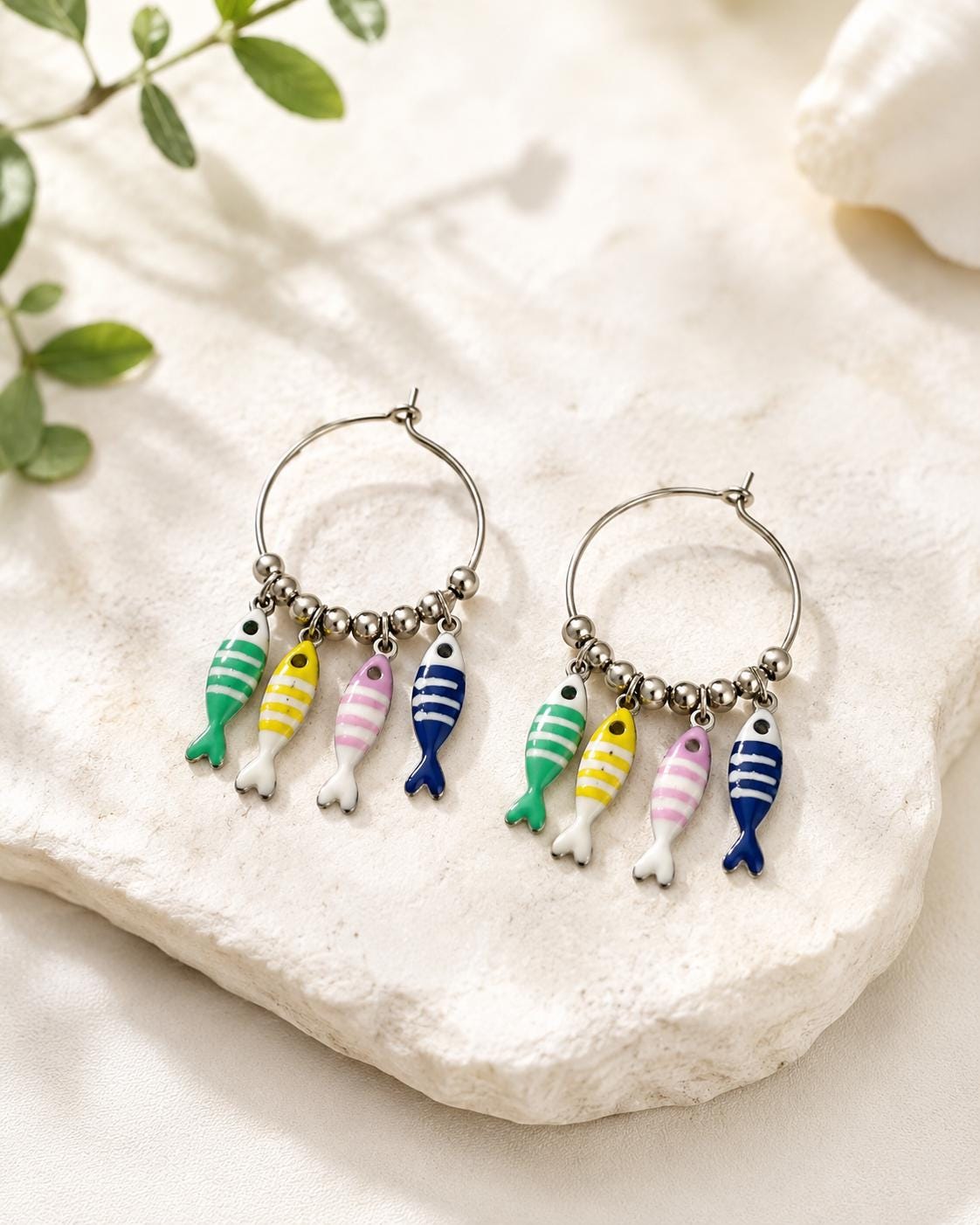 Silver Fish Hoop Earrings, Colorful Dainty Charms, Mediterranean Boho Jewelry, Lightweight Coastal Earrings
