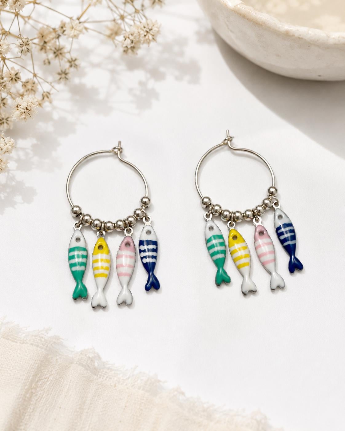Silver Fish Hoop Earrings, Colorful Dainty Charms, Mediterranean Boho Jewelry, Lightweight Coastal Earrings