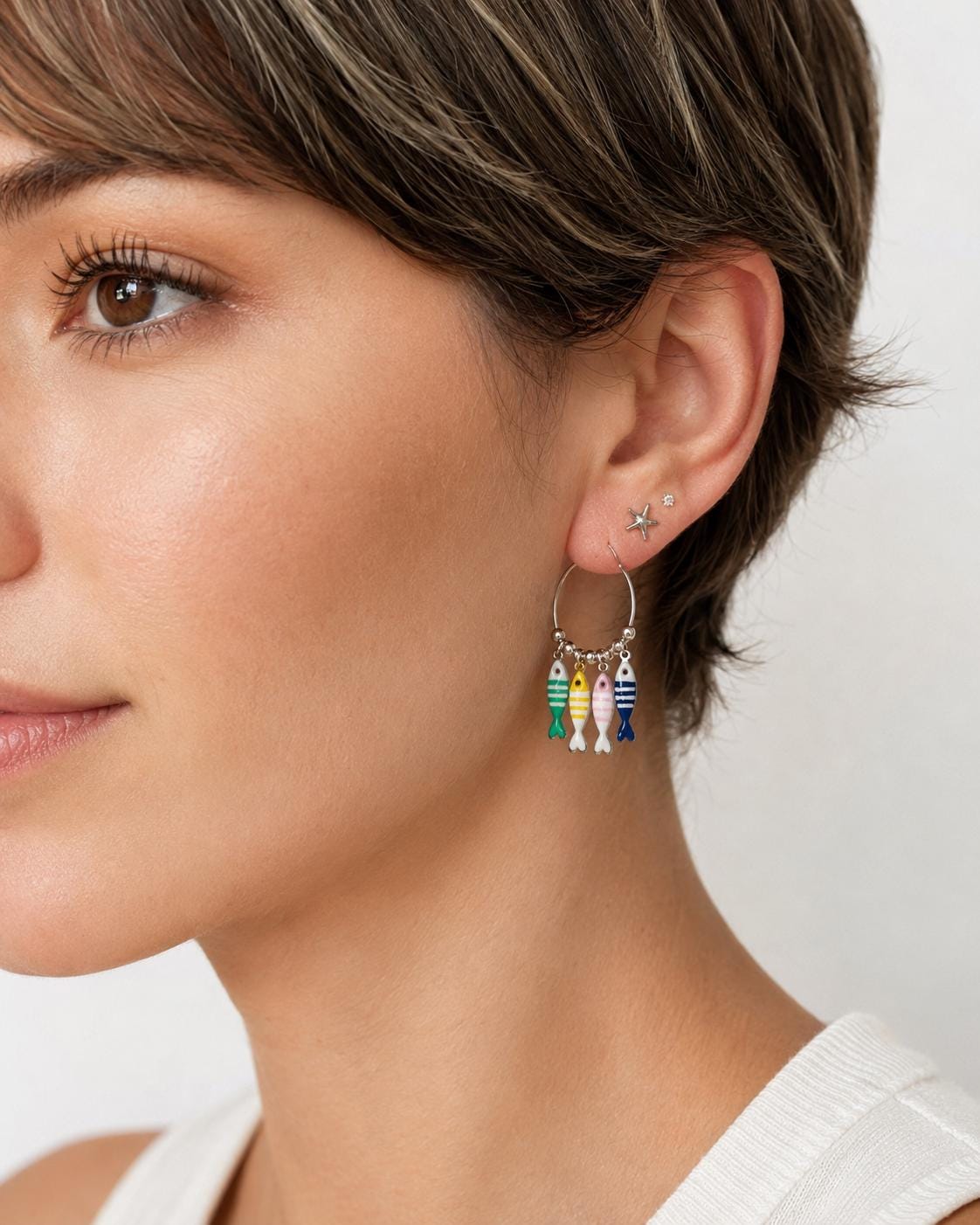 Silver Fish Hoop Earrings, Colorful Dainty Charms, Mediterranean Boho Jewelry, Lightweight Coastal Earrings