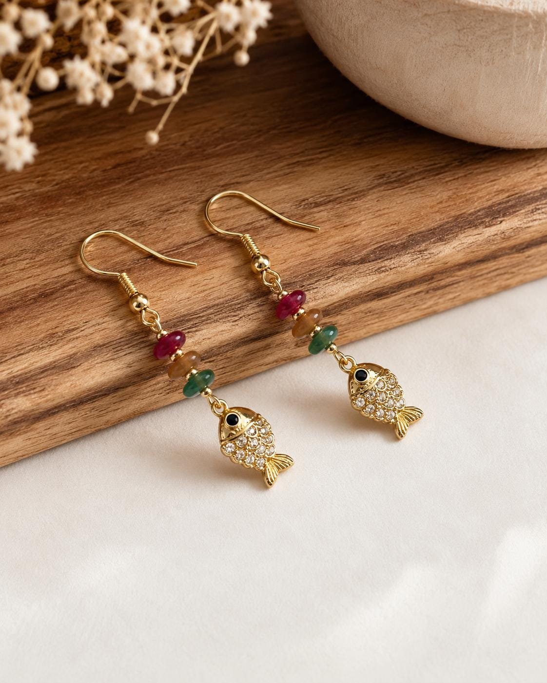 18K Gold CZ Fish Earrings, Natural Stone Dangles, Coastal Mediterranean Jewelry
