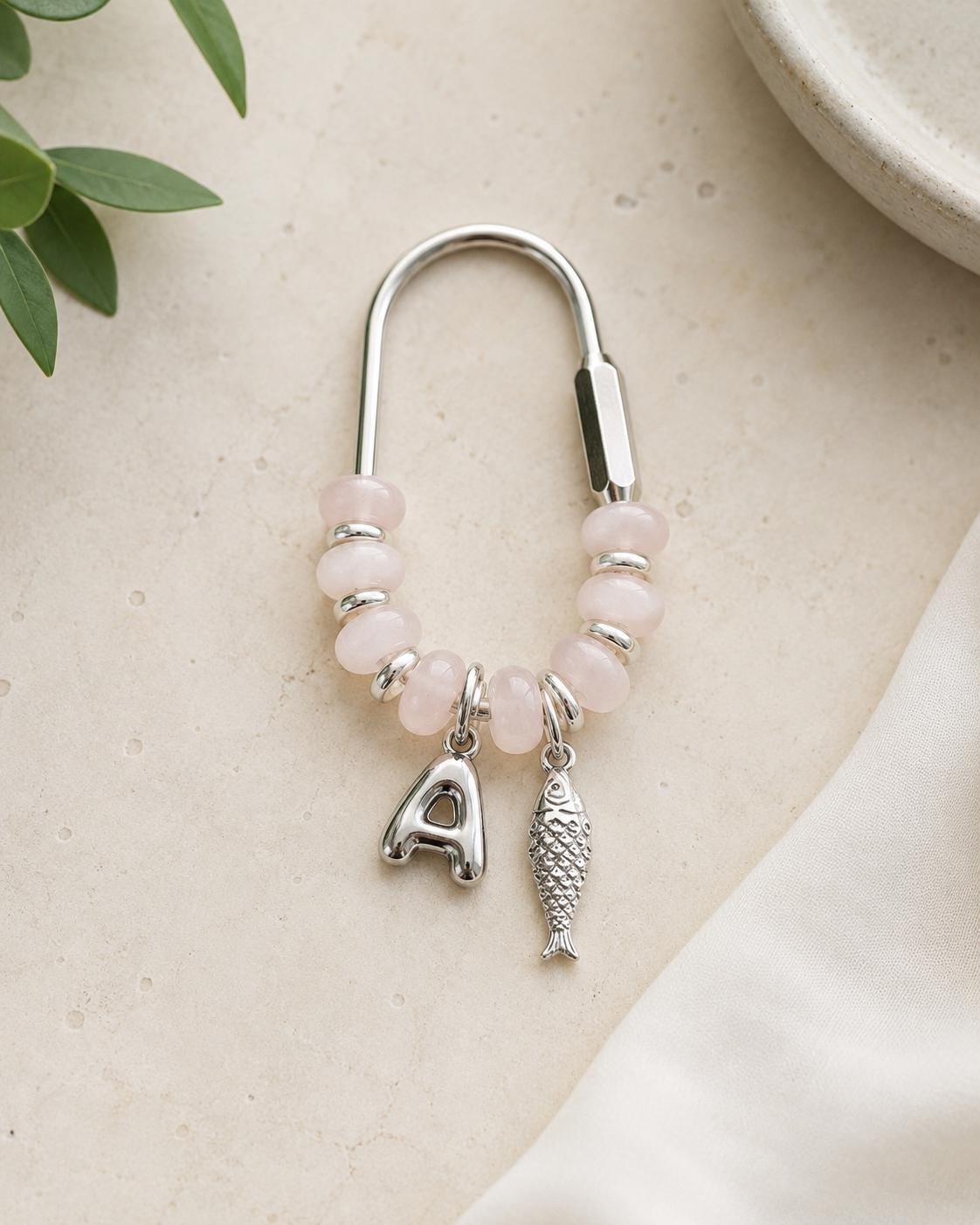 Personalized Natural Stone Bag Charm, Silver Initial Keychain, Custom Beaded Purse Charm, Handmade Gift for Her
