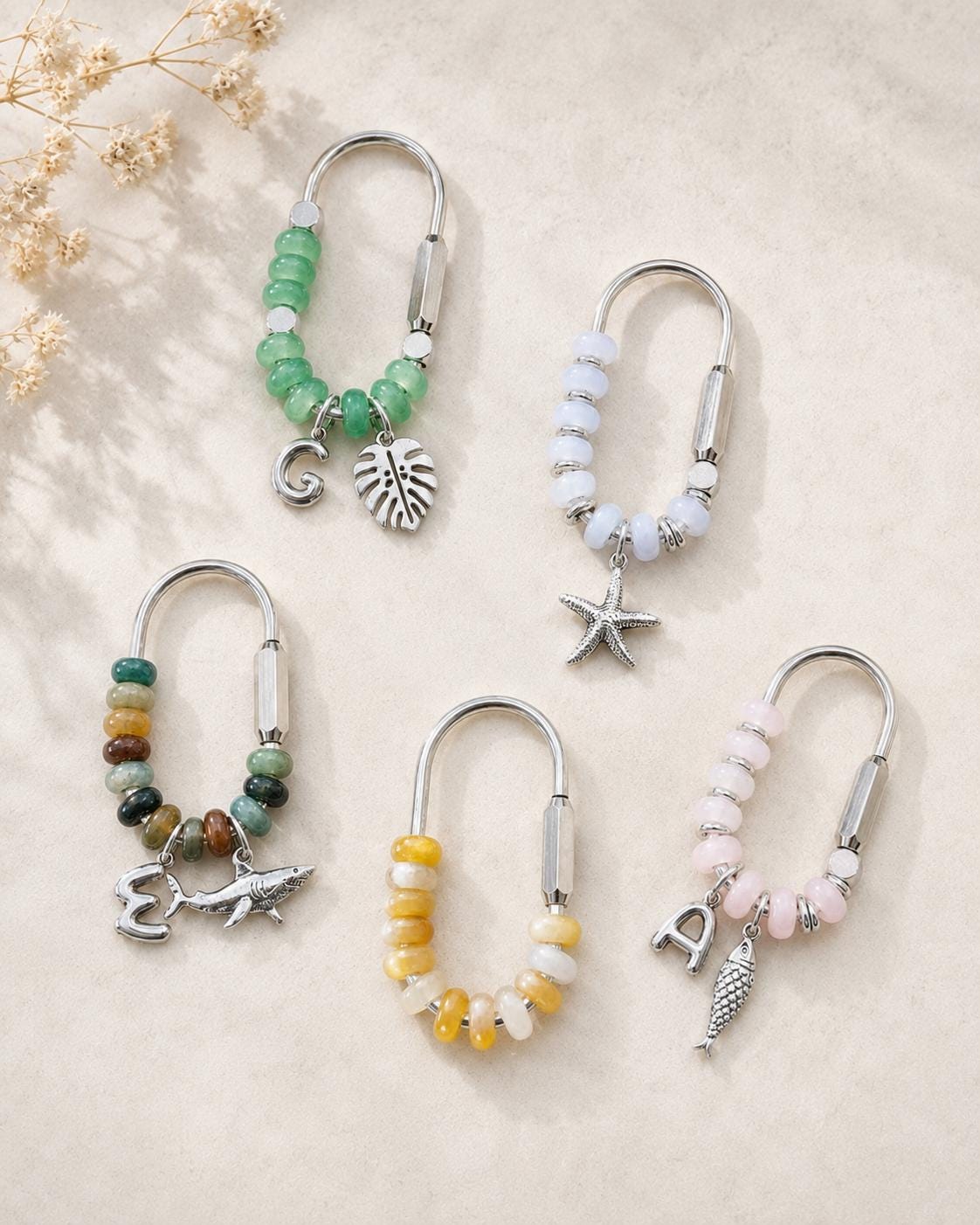 Personalized Natural Stone Bag Charm, Silver Initial Keychain, Custom Beaded Purse Charm, Handmade Gift for Her