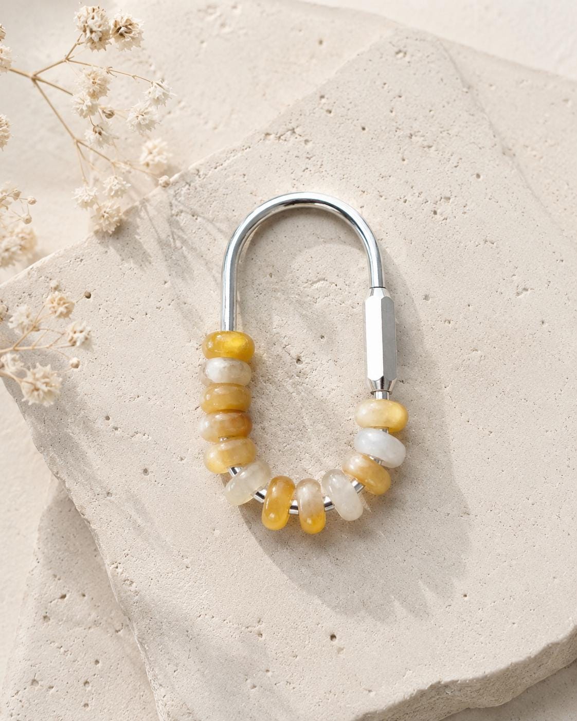 Personalized Natural Stone Bag Charm, Silver Initial Keychain, Custom Beaded Purse Charm, Handmade Gift for Her