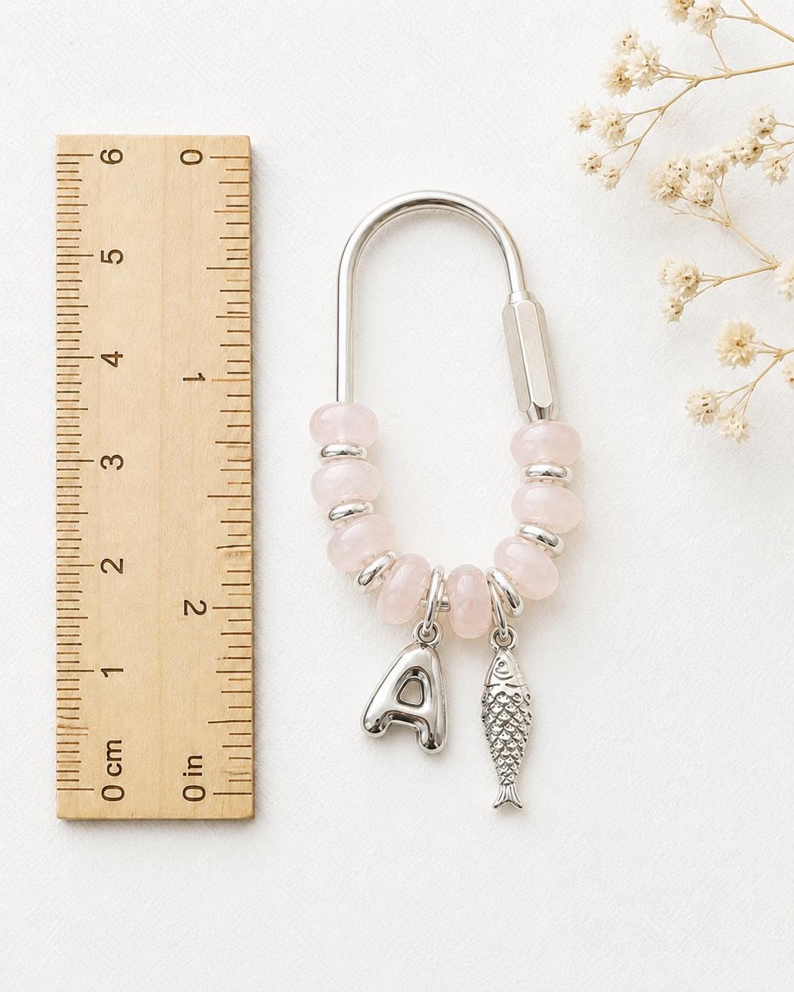 Personalized Natural Stone Bag Charm, Silver Initial Keychain, Custom Beaded Purse Charm, Handmade Gift for Her